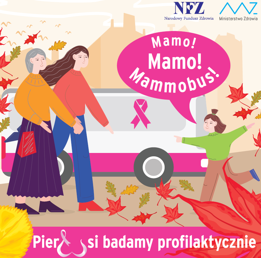Grafika promująca badania mamograficzne finansowane przez MZ i NFZ